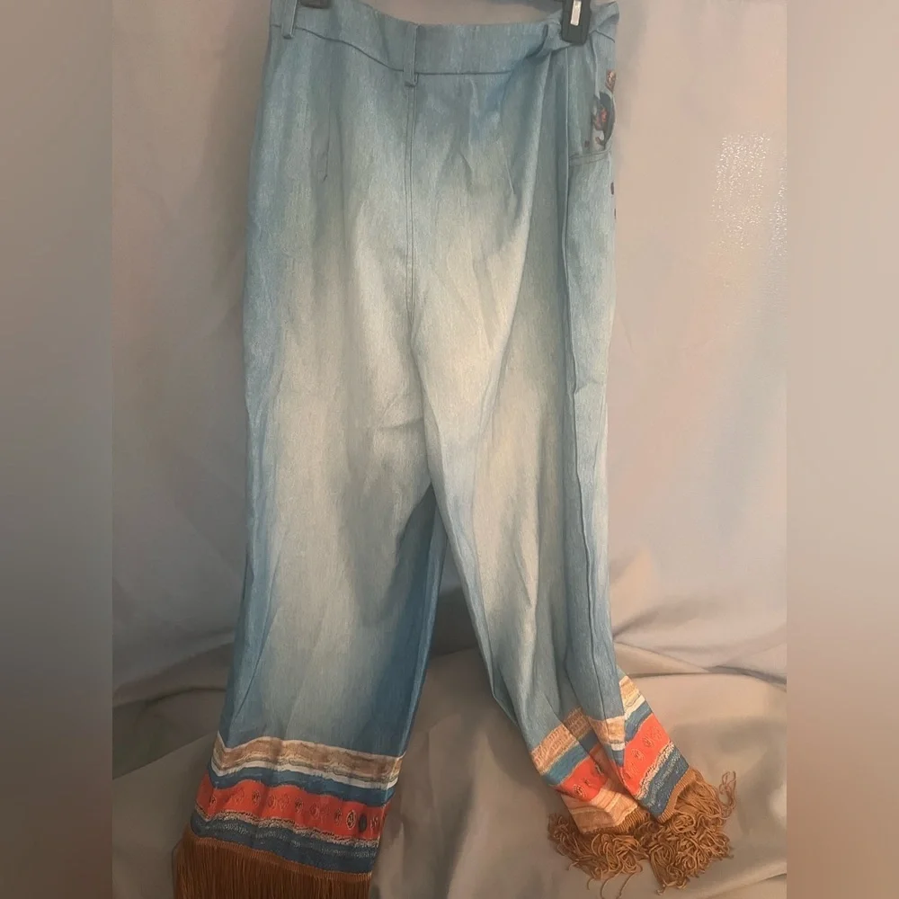 Faux Embroidered Wide Leg Faux Jeans with Fringe Hem